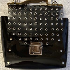 Black Vinyl Satchel Punk Industrial Grommet Purse Bag Handheld or shoulder EUC